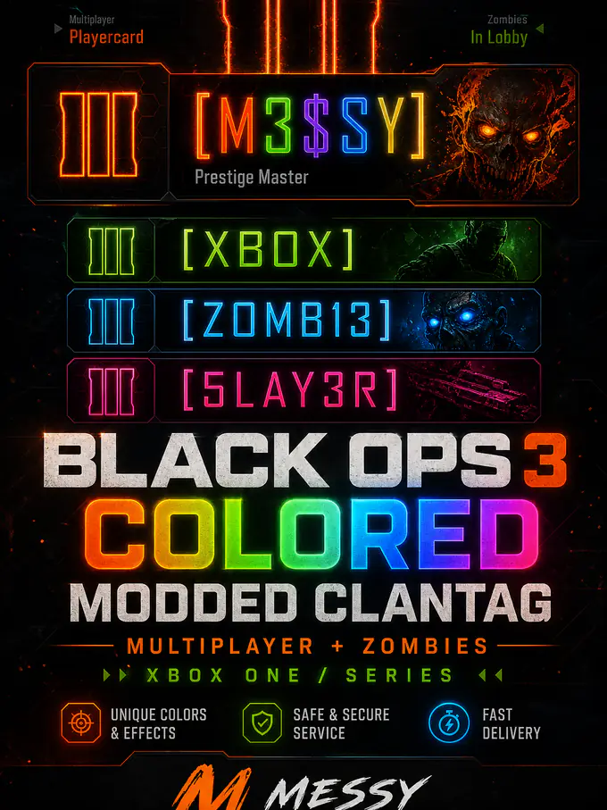 BO3: Colored/Modded Clantag for Both Multiplayer & Zombies (Xbox One/Xbox Series X/S) — MessyModdingStore
