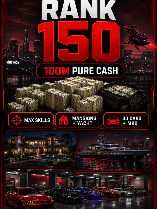 (PS5) (Pre-Made Account) Rank 150 100 Million (PURE CASH) + Max Skills + Max Bunker + 10 Most Expensive Houses + Mansions + Yacht + 10 Modded Outfits + 30 Modded Cars + 1 Oppressor MK2 + Properties Purchased + Free ID Exchange