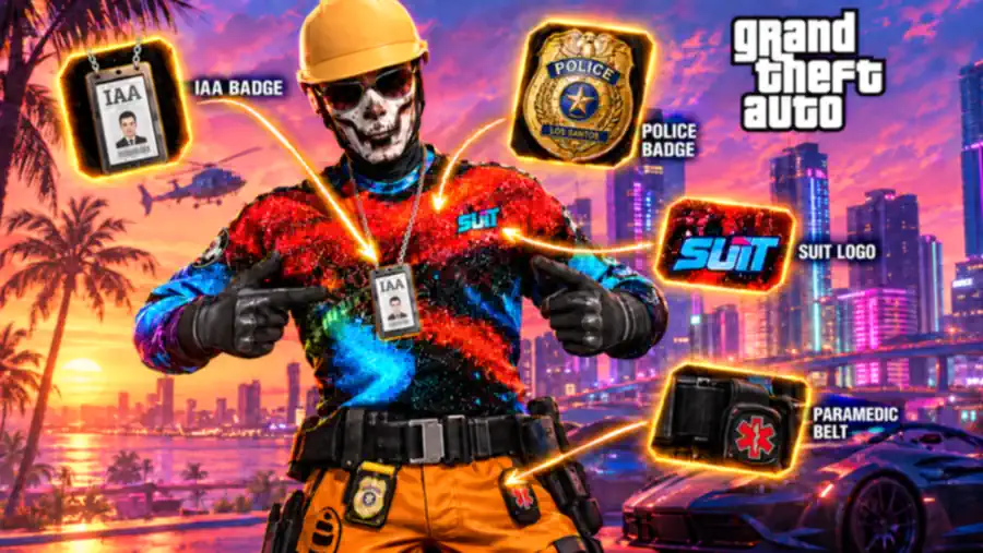 GTA 5 TryHard modded outfit — coloured helmet, logo suit, police and IA badges